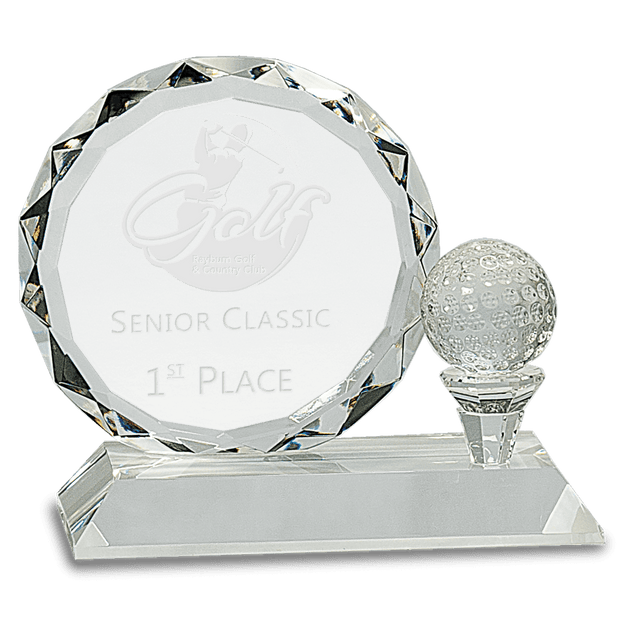 5 1/4" Round Facet Crystal with Golf Ball on Clear Pedestal Base