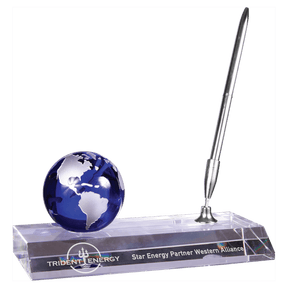 7" x 3" Blue Crystal Globe with Base and Pen