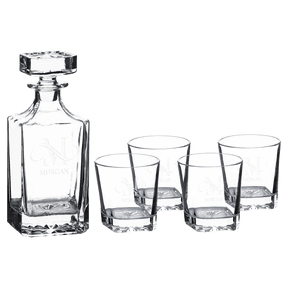 Polar Camel 750mL Square Glass Decanter Set with Four 11 oz. Rocks Glasses in Black Gift Box with Printed Paper Sleeve