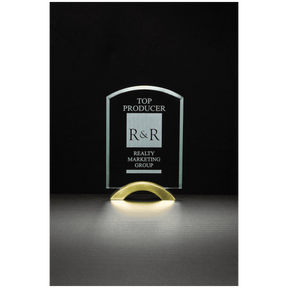6" x  8 3/4"Arch Series Glass Award with Gold Metal Base