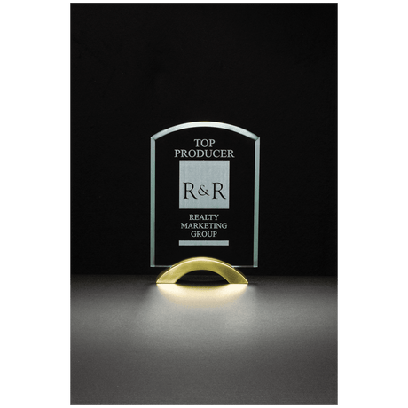 6" x  8 3/4"Arch Series Glass Award with Gold Metal Base