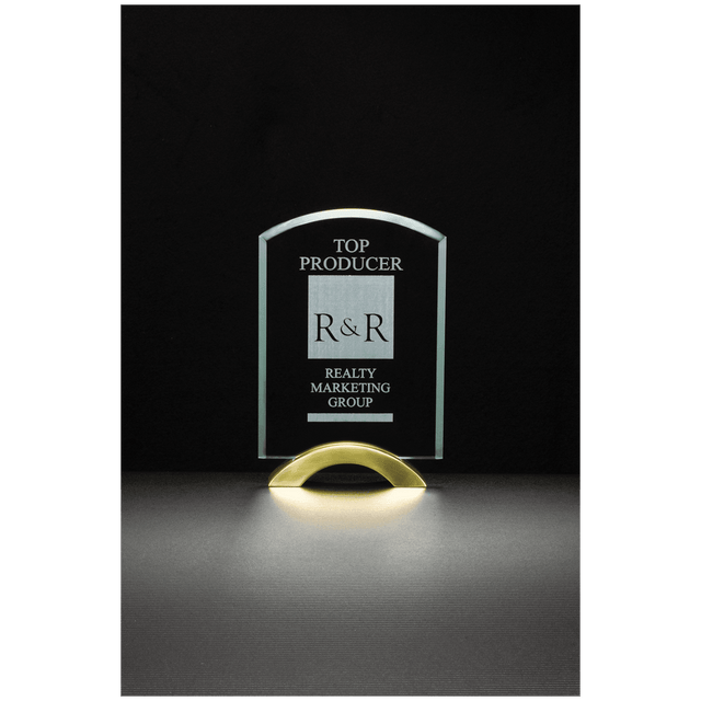 6" x  8 3/4"Arch Series Glass Award with Gold Metal Base