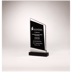 4 3/4" x 7 7/8" Zenith Series Glass Award, Black Piano Finish Base with Silver Aluminum Accent