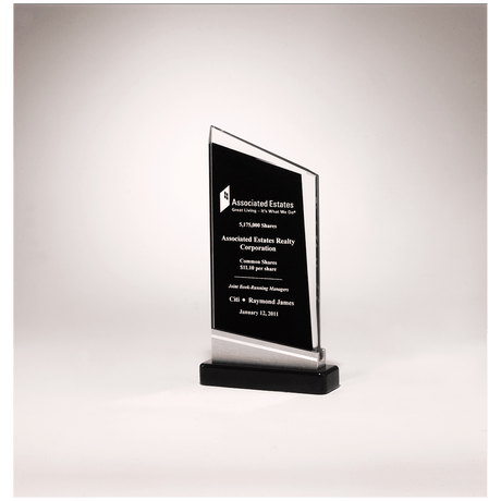 4 3/4" x 7 7/8" Zenith Series Glass Award, Black Piano Finish Base with Silver Aluminum Accent