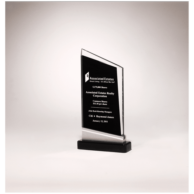 4 3/4" x 9 7/8" Zenith Series Glass Award, Black Piano Finish Base with Silver Aluminum Accent