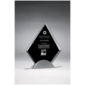 7 1/8" x 8 1/4" Diamond Shaped Glass Award, Black Silkscreen on Silver     Metal Base