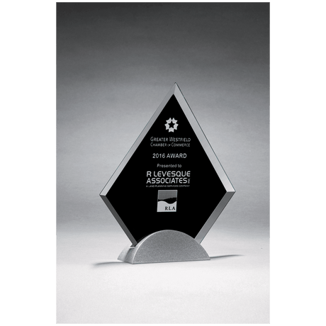 8" x 9" Diamond Shaped Glass Award, Black Silkscreen on Silver Metal Base