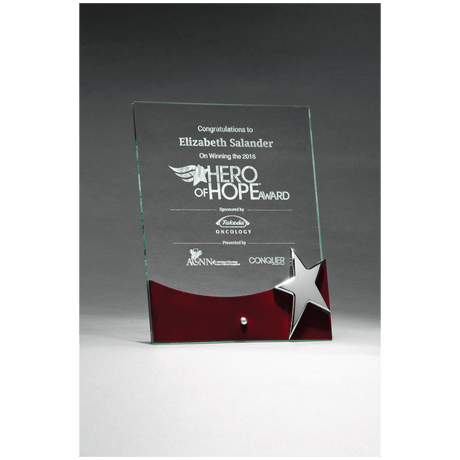 8" x 10" Freestanding Glass Award with High Gloss Rosewood Accent and Silver Star