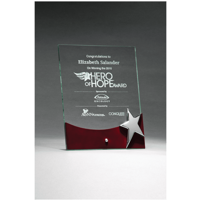 8" x 10" Freestanding Glass Award with High Gloss Rosewood Accent and Silver Star