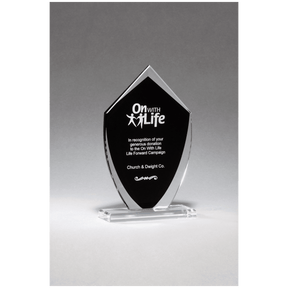 5 1/2" x 9 1/4" Shield Shaped Glass Award with Black Silkscreened Center