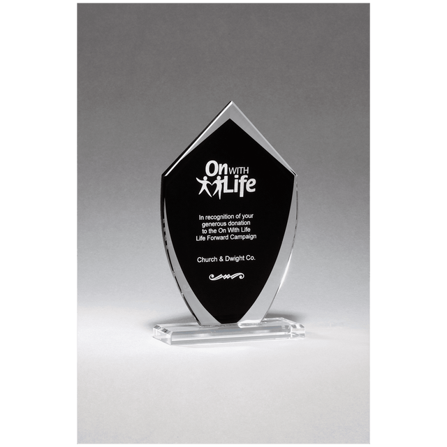 5 1/2" x 9 1/4" Shield Shaped Glass Award with Black Silkscreened Center