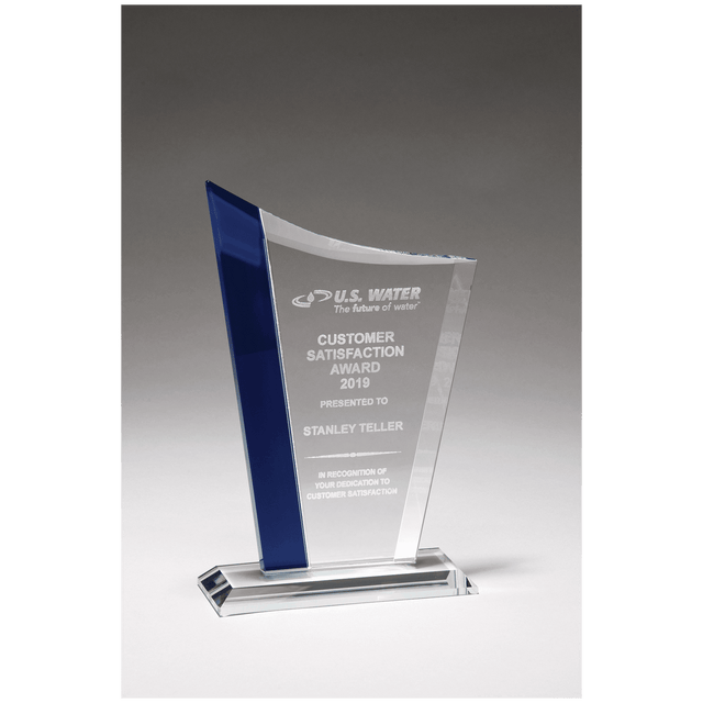 5 3/4" x 8 5/8" Zenith Series Clear Glass Award with Blue Glass Highlights