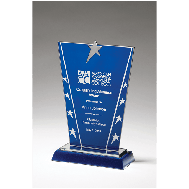 6 3/8" x 8 5/8" Constellation Series Glass Award with Blue Background with Chrome Plated Star