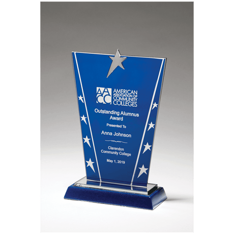 6 3/8" x 10 5/8" Constellation Series Glass Award with Blue Background with Chrome Plated Star