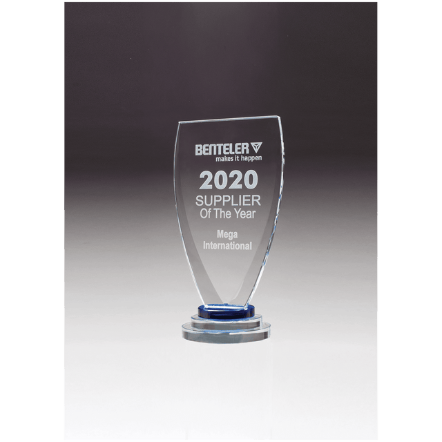 4" x 8 1/4" Chalice Series Sapphire Glass Award with Blue and Clear Glass Pedestal Base
