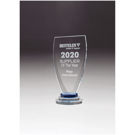 4" x 8 1/4" Chalice Series Sapphire Glass Award with Blue and Clear Glass Pedestal Base