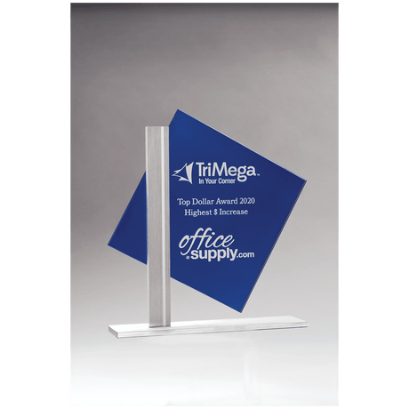 8" x 8 3/8" Diamond Series Blue Silkscreened Glass with Brushed Aluminum Post and Base