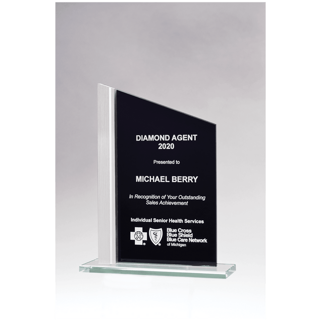6 1/8" x 7 3/4" Zenith Series Black Silkscreened Glass with Brushed Aluminum Post