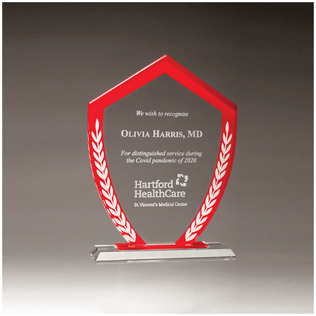 6 5/8" x 8 7/8" Shield Shaped Glass Award with Red Border and White Laurel Leaves
