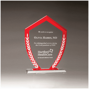 7 1/4" x 9 5/8" Shield Shaped Glass Award with Red Border and White Laurel Leaves