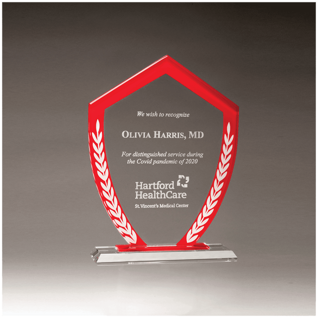 7 1/4" x 9 5/8" Shield Shaped Glass Award with Red Border and White Laurel Leaves