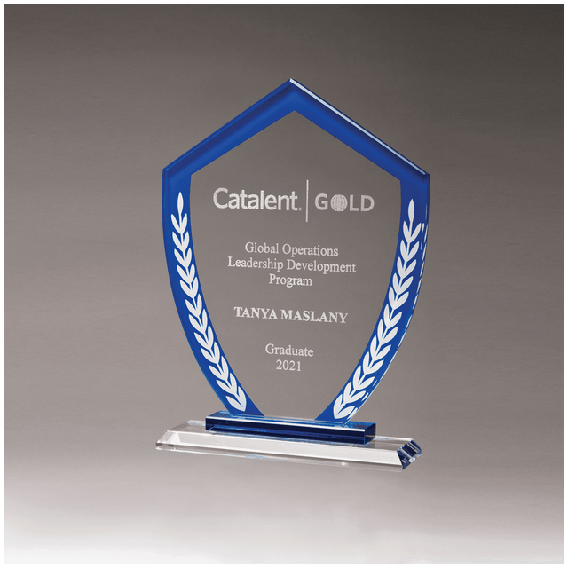 5 7/8" x 8 1/4" Shield Shaped Glass Award with Blue Border and White Laurel Leaves