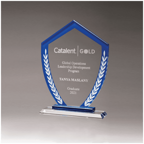 7 1/4" x 9 3/4" Shield Shaped Glass Award with Blue Border and White Laurel Leaves