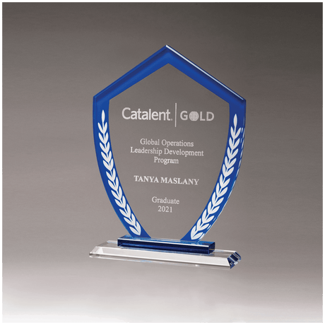 7 1/4" x 9 3/4" Shield Shaped Glass Award with Blue Border and White Laurel Leaves