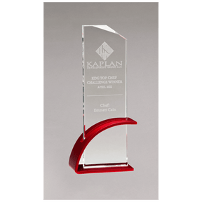 Red Contemporary Clear 3 7/8" x 9 3/8" x 1/2" Thick Glass Award, Arched Base with Matte Metallic Finish