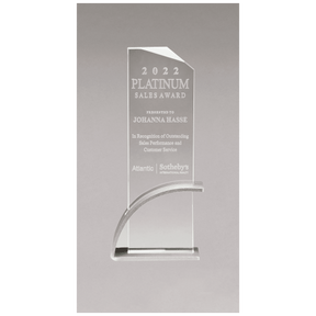 3 7/8" x 8 1/2" x 1/2" Thick Silver Contemporary Clear Glass Award, Arched Base with Matte Metallic Finish
