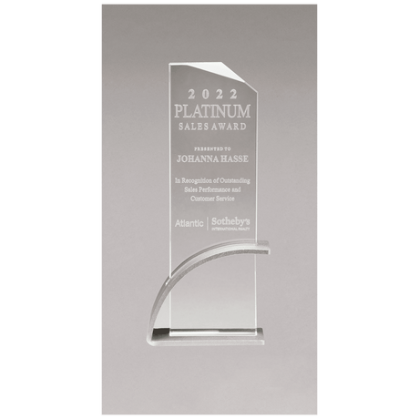 8 7/8" x 9 3/8" x 1/2" Thick Silver Contemporary Clear Glass Award, Arched Base with Matte Metallic Finish