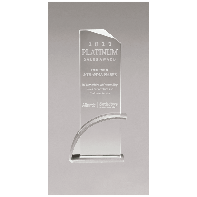 3 7/8" x 10 1/8" x 1/2" Thick Silver Contemporary Clear Glass Award, Arched Base with Matte Metallic Finish