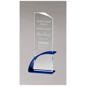 3 7/8" x 10 1/8" x 1/2" Thick Blue Contemporary Clear Glass Award, Arched Base with Matte Metallic Finish