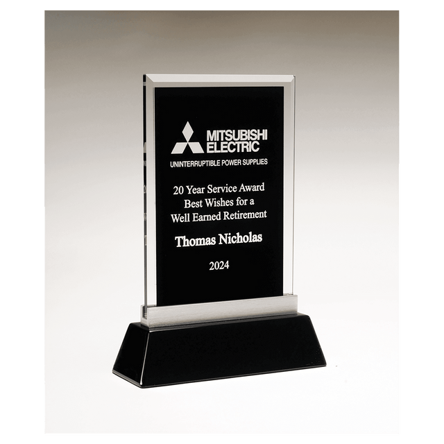 5 1/4" x 8 7/8" Rectangular Black Silkscreened Glass Award with Black Piano Finish Base