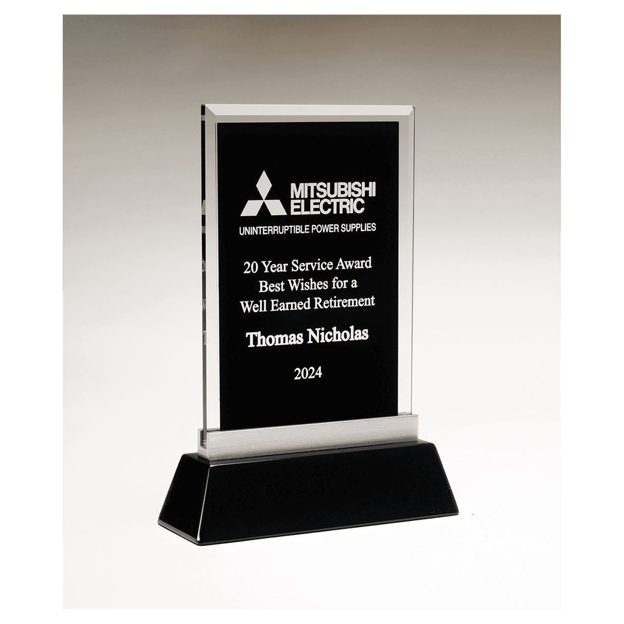 6 1/4" x 8 7/8" Rectangular Black Silkscreened Glass Award with Black Piano Finish Base