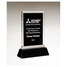 7 1/4" x 9 7/8" Rectangular Black Silkscreened Glass Award with Black Piano Finish Base