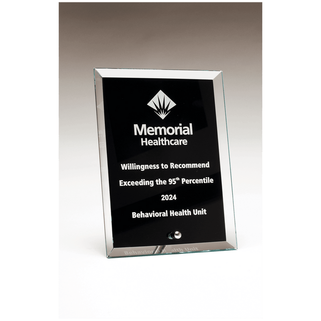 4" x 6" Clear Glass Plaque with Painted Black Background, Silv             er Plated Easel Post