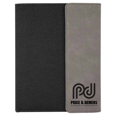 7" x 9" Gray Laserable Leatherette / Black Canvas Portfolio with Notepad