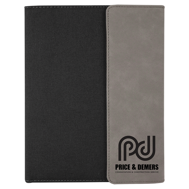 7" x 9" Gray Laserable Leatherette / Black Canvas Portfolio with Notepad