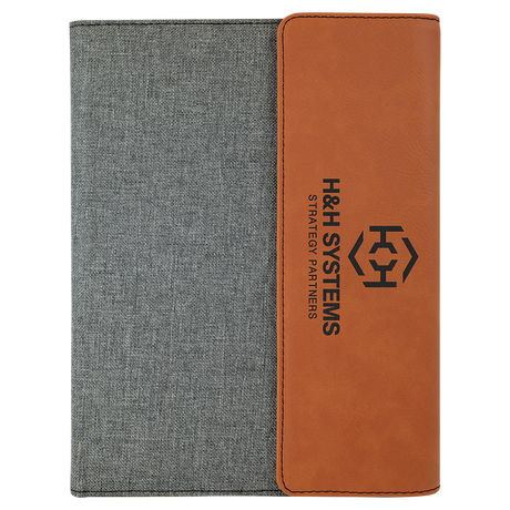 7" x 9" Rawhide Laserable Leatherette / Gray Canvas Portfolio with Notepad