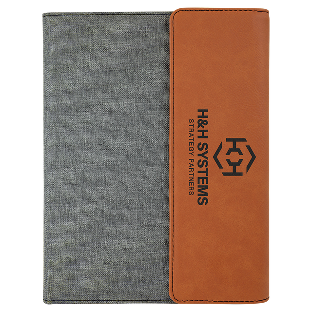 7" x 9" Rawhide Laserable Leatherette / Gray Canvas Portfolio with Notepad