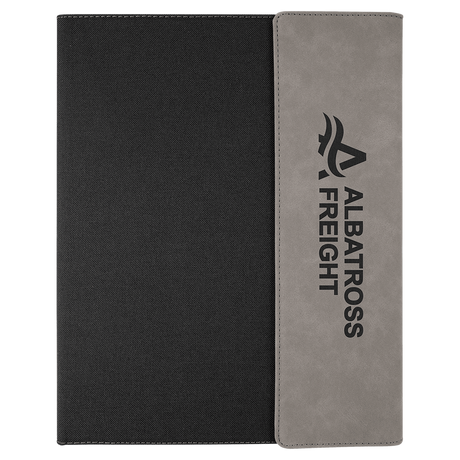9 1/2" x 12" Gray Laserable Leatherette / Black Canvas Portfolio w / Notepad