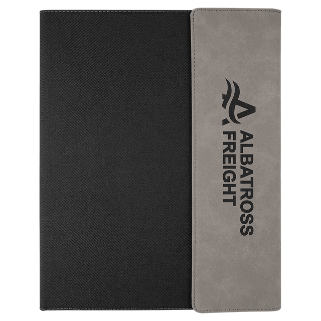 9 1/2" x 12" Gray Laserable Leatherette / Black Canvas Portfolio w / Notepad