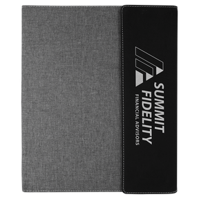 9 1/2"x12" Black/Silver Laserable Leatherette / Gray Canvas Portfolio w/Notepad