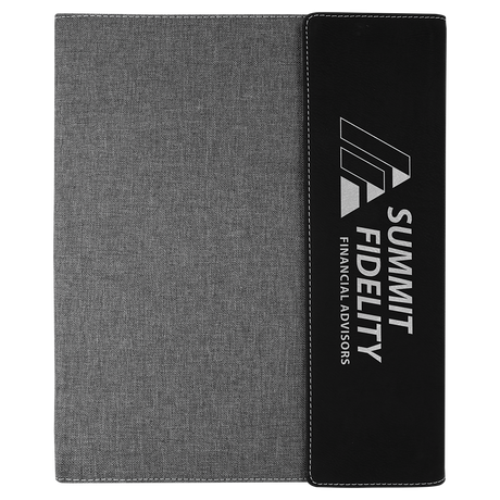 9 1/2"x12" Black/Silver Laserable Leatherette / Gray Canvas Portfolio w/Notepad