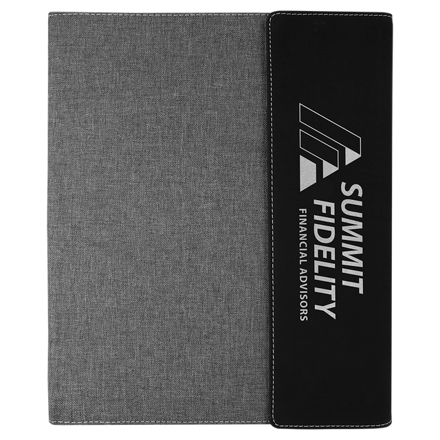 9 1/2"x12" Black/Silver Laserable Leatherette / Gray Canvas Portfolio w/Notepad
