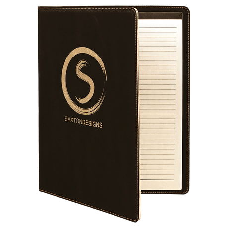 9 1/2" x 12" Black/Gold Laserable Leatherette Portfolio with Notepad