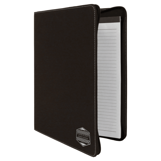 9 1/2" x 12" Black/Silver w/Zipper Laserable Leatherette Portfolio with Notepad
