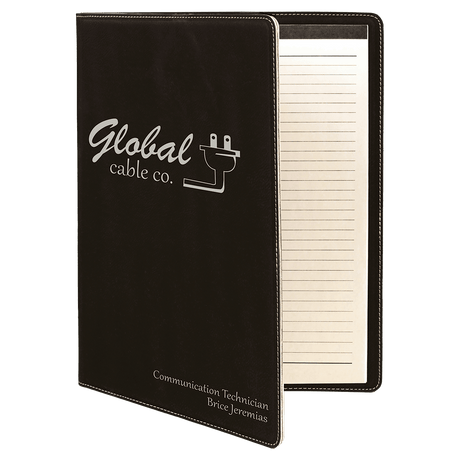 9 1/2" x 12" Black/Silver Laserable Leatherette Portfolio with Notepad
