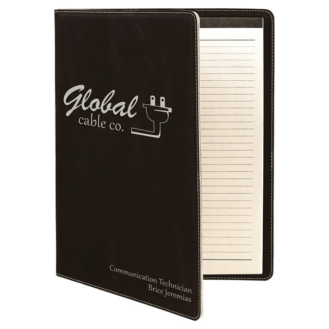 9 1/2" x 12" Black/Silver Laserable Leatherette Portfolio with Notepad